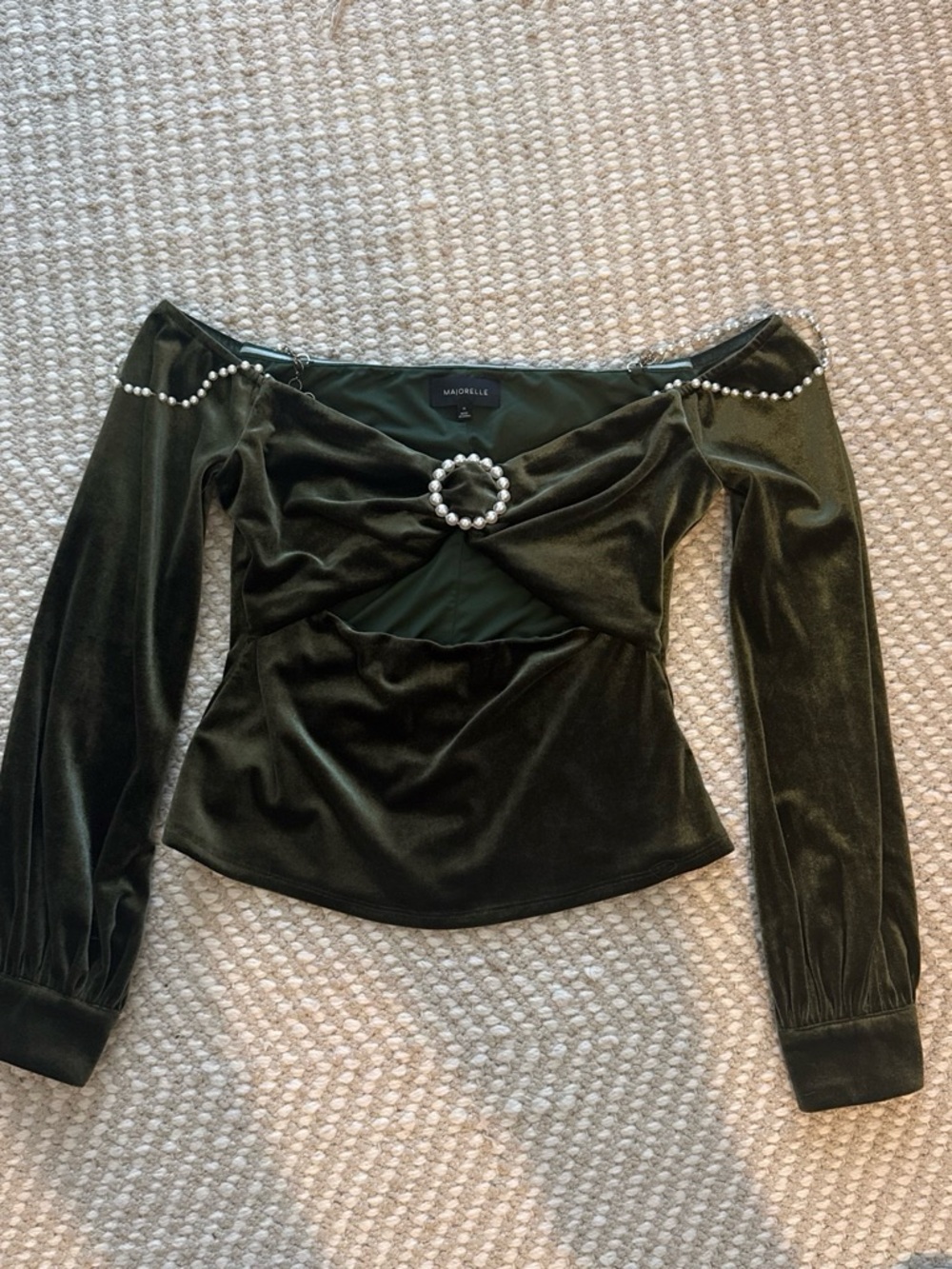MAJORELLE Olive Velvet Off-Shoulder Top with Pearl Ring